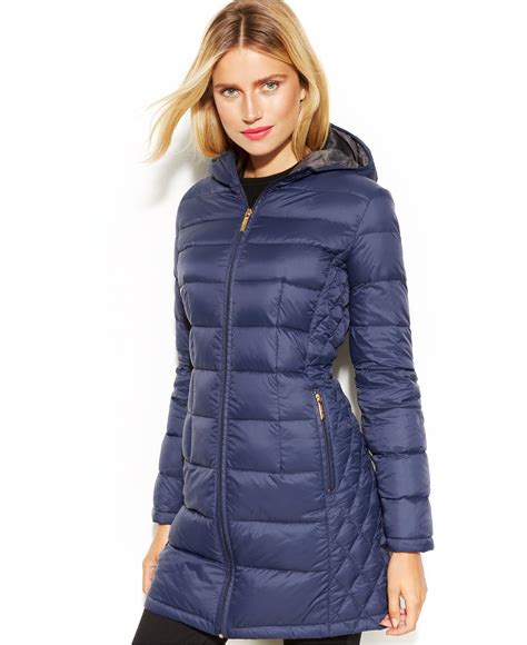 michael michael kors blue gray down packable puffer coat|Michael Kors shiny puffer jacket.